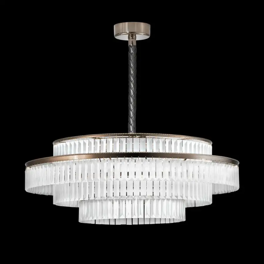 Elegant Italamp Charles suspension lamp with tiered cylindrical silhouette in gold nickel metal and clear glass