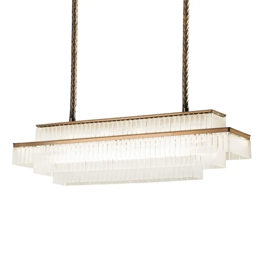 Distinctive Italamp Charles suspension lamp with rectangular tiers in gold nickel, satin white methacrylate and etched crystal pendants