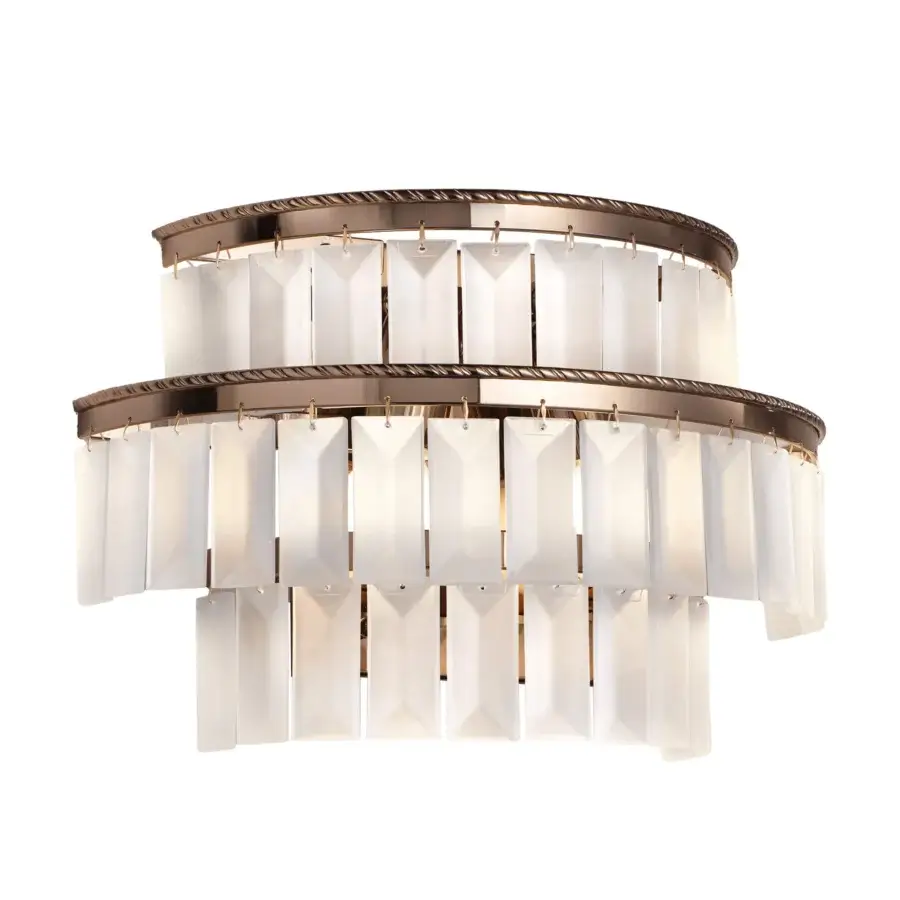 Distinguished Italamp Charles wall lamp with gold nickel metal, etched crystal pendants and off-white glass within a bronze braided frame