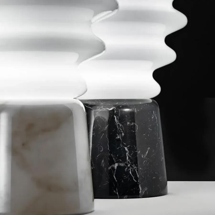 Exclusive Italamp Grand Collier table lamp with white blown glass diffuser and iron grey metal structure built with a glossy marble base