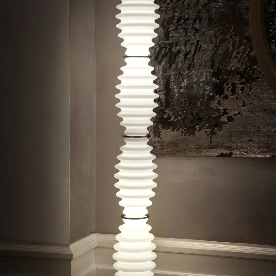 Exceptional Italamp Grand Collier floor lamp with blown white glass diffuser and refined iron grey metal structure
