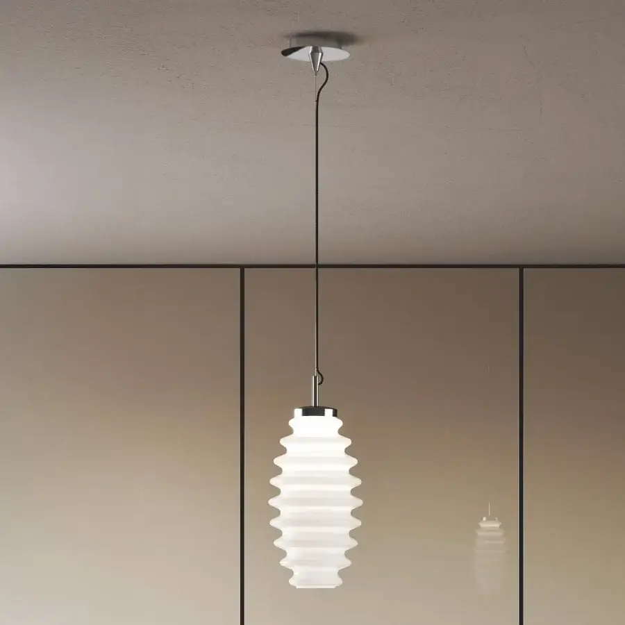 Elegant Italamp Grand Collier suspension lamp with white blown glass shade and refined iron grey metal structure