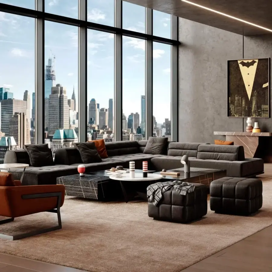 Exceptional Wayne Enterprises WE-125 coffee table with dark gray marble and light beige veining in glossy and flamed finishes
