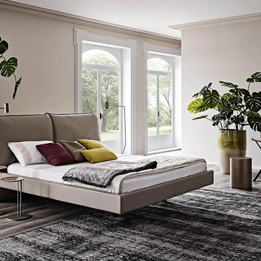 Superior Cattelan Italia Lukas bed with light beige soft leather upholstery and a padded headboard