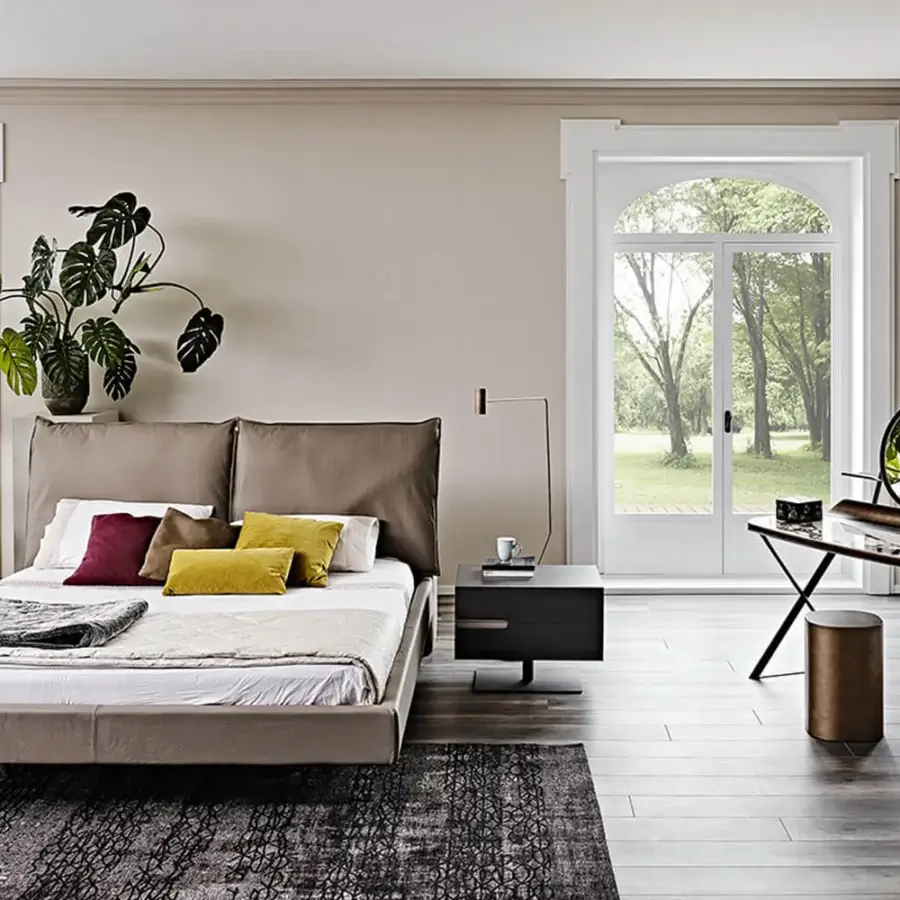 Exceptional Cattelan Italia Lukas bed with soft leather upholstery and chromed steel feet for contemporary bedrooms
