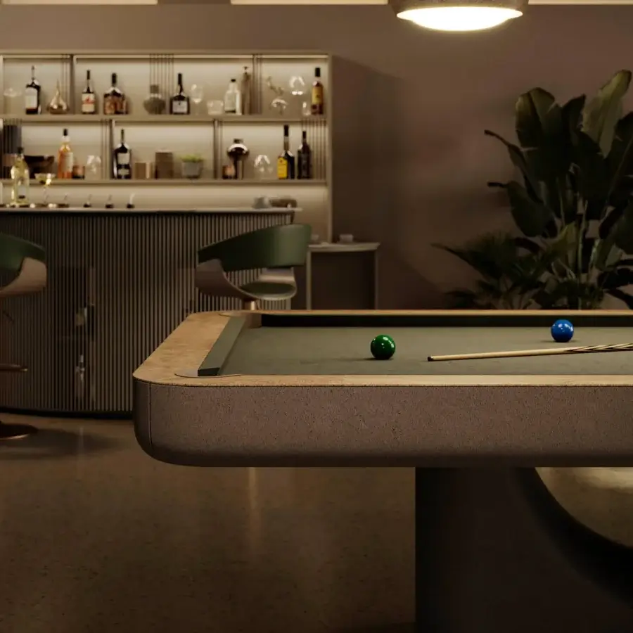 Distinguished Vismara Mono pool table with organically curved base and slate slab covered in Simonis cloth with matte lacquer