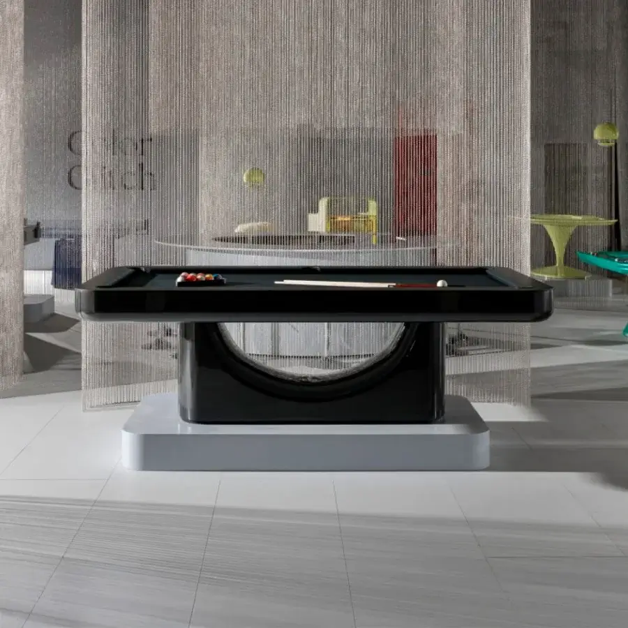 Elegant Bellavista & Piccini Vismara Mono pool table with black playing surface and light gray base crafted in Italy with Simonis cloth