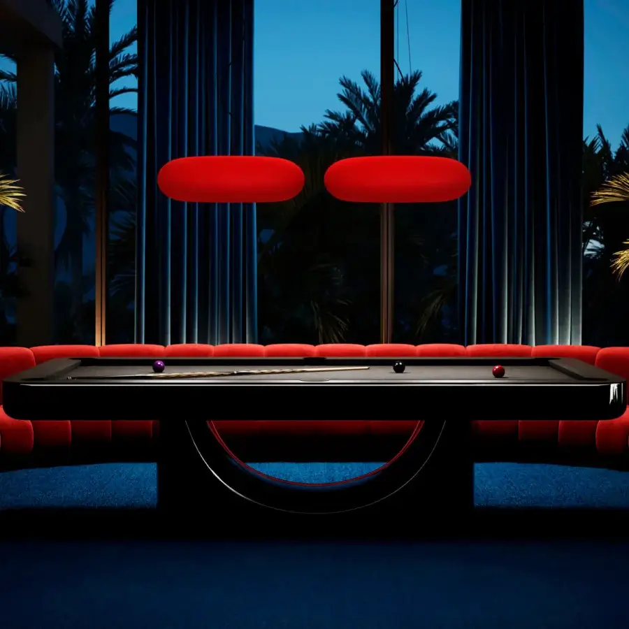 Superior Vismara Mono pool table with glossy black lacquered body and polished metal base accented with vibrant red