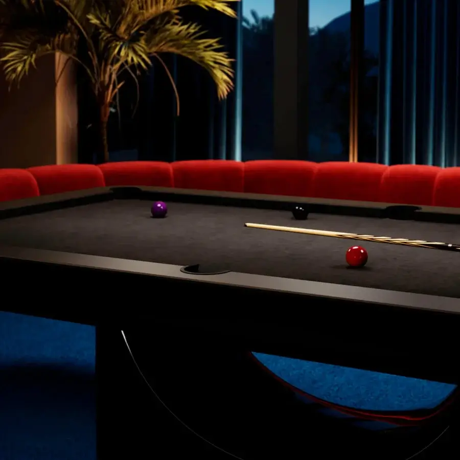 Distinctive Bellavista & Piccini Mono pool table with slate playing surface, matte synthetic base and bold black with red accents