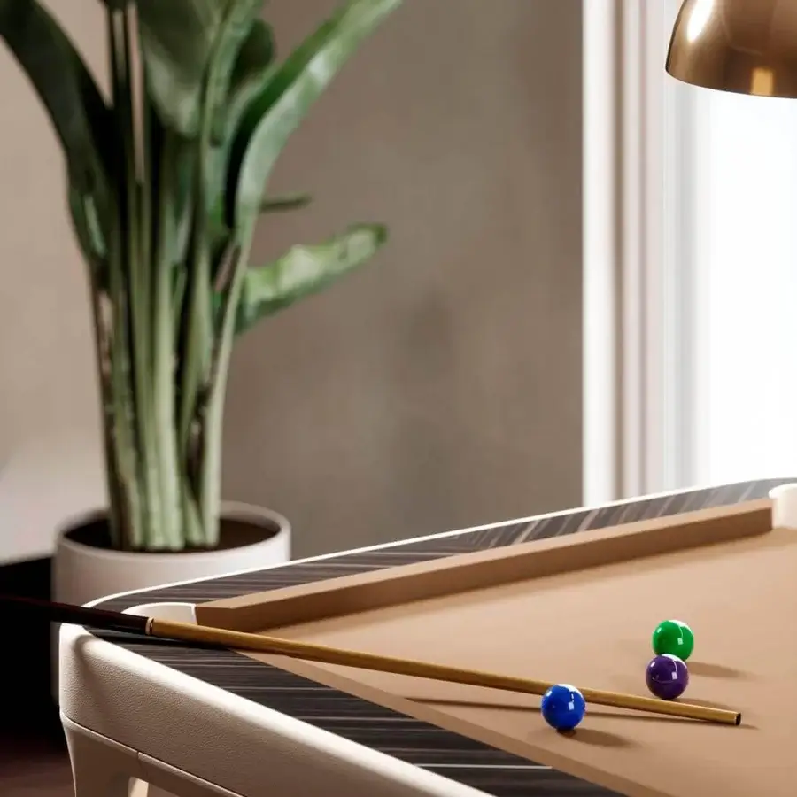 Lavish Vismara Dandy pool table crafted in Noce canaletto veneer with fully leather-covered structure and satin finish