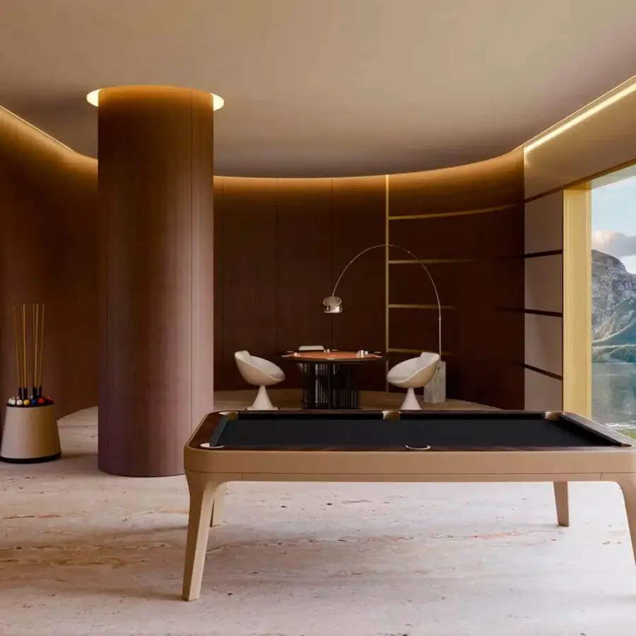 Distinguished Vismara Dandy pool table crafted in light beige leather with Noce canaletto veneer and satin finish wood frame