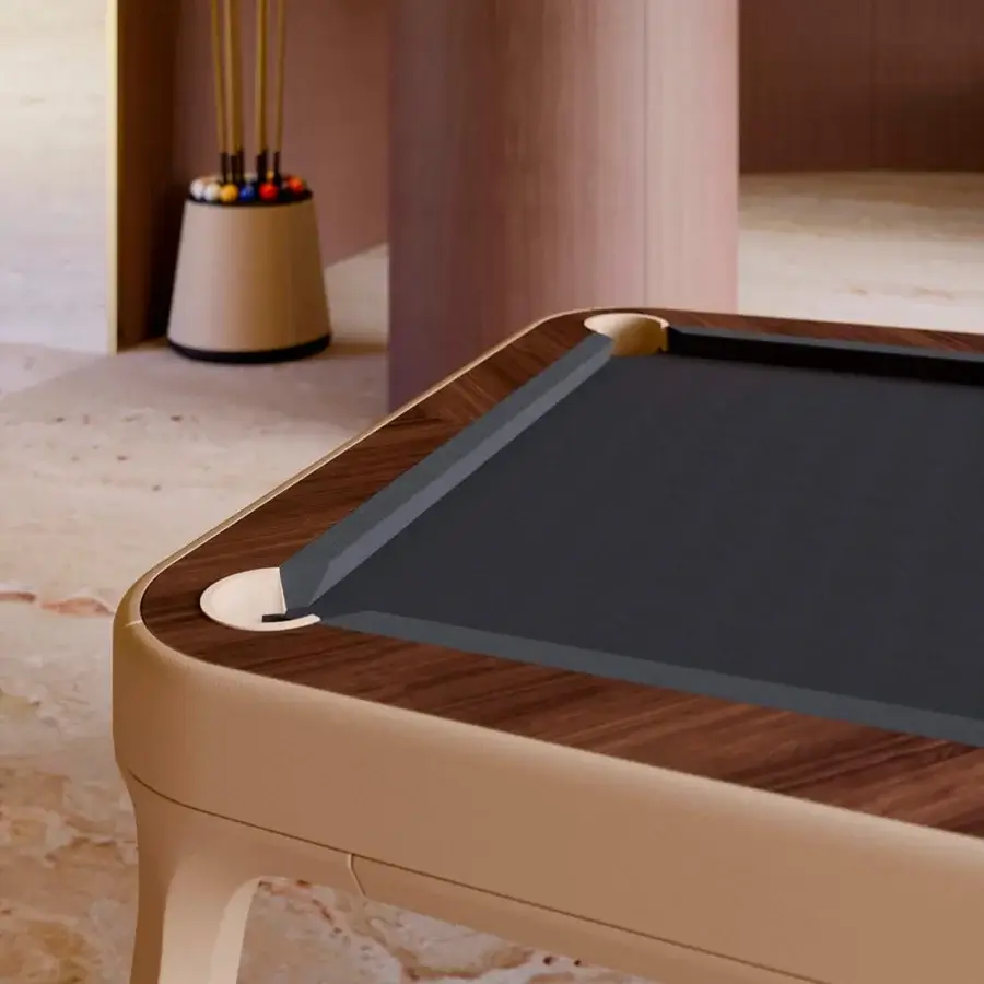 Exceptional Vismara Dandy pool table crafted in Noce canaletto veneer with beige leather exterior and Simonis wool cloth playing surface