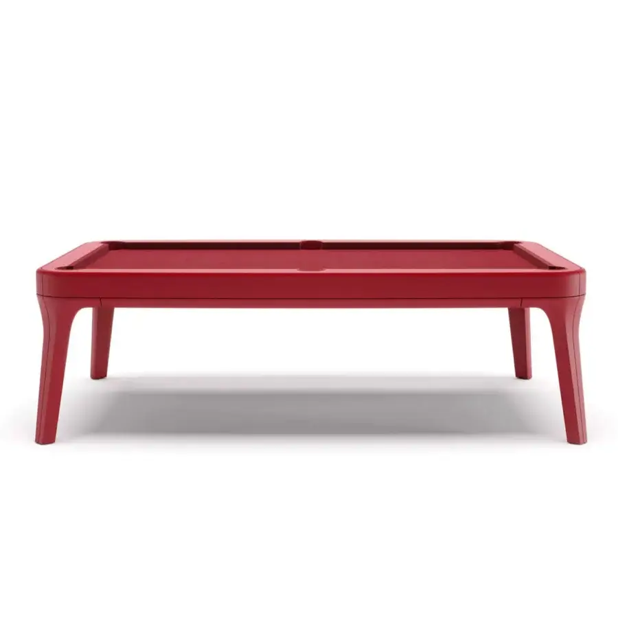 Exceptional Vismara Dandy pool table crafted in red leather with a Simonis wool and cotton cloth playing surface and Noce canaletto veneer