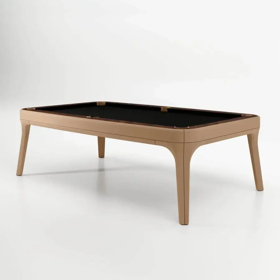 Exclusive Vismara Dandy pool table crafted in light beige leather with Noce canaletto veneer and satin finish