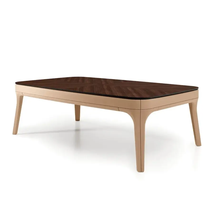 Distinguished Vismara Dandy pool table crafted in Noce canaletto veneer with light beige leather and Simonis wool cloth playing surface