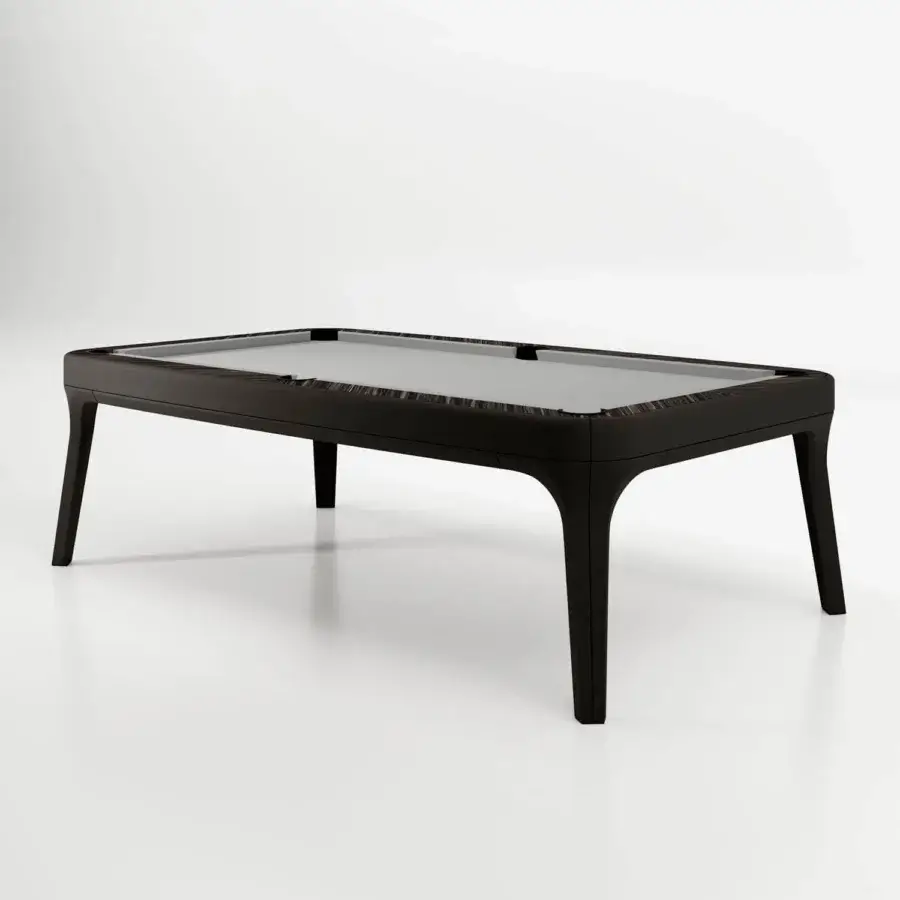 Lavish Vismara Dandy pool table built in Noce canaletto or Ebony Makassar veneer with satin finish and Simonis wool cloth