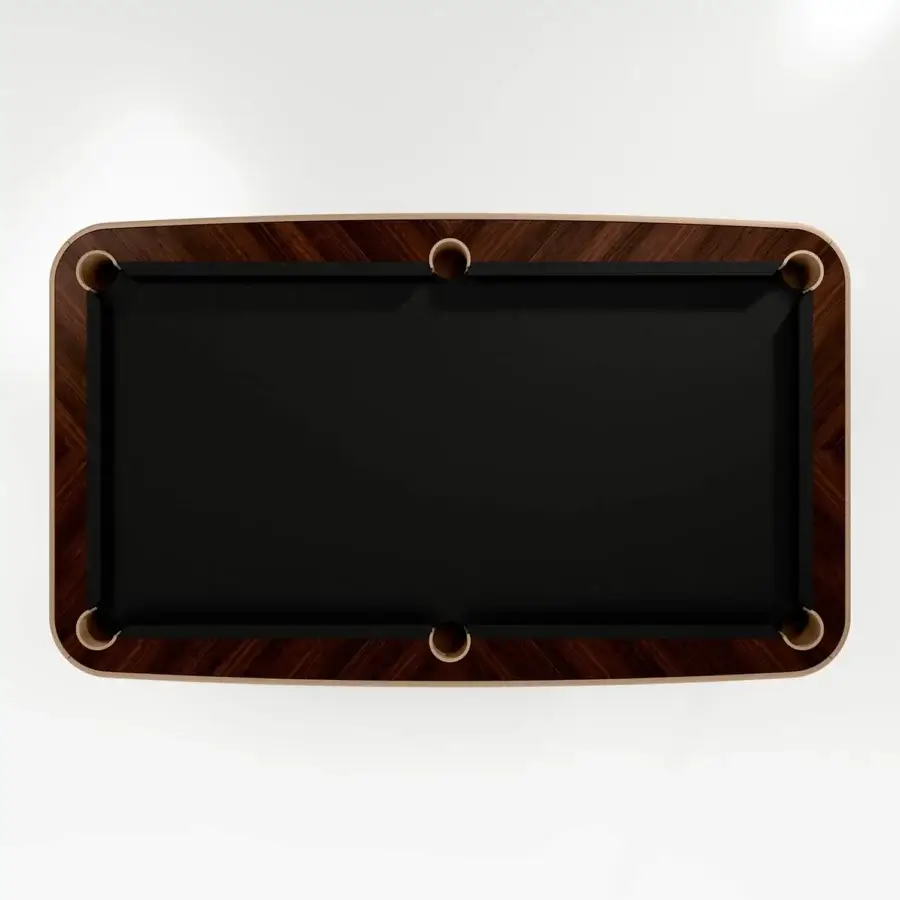 Exclusive Vismara Dandy pool table built with Simonis wool and cotton cloth in Noce canaletto or Ebony Makassar veneer with satin finish