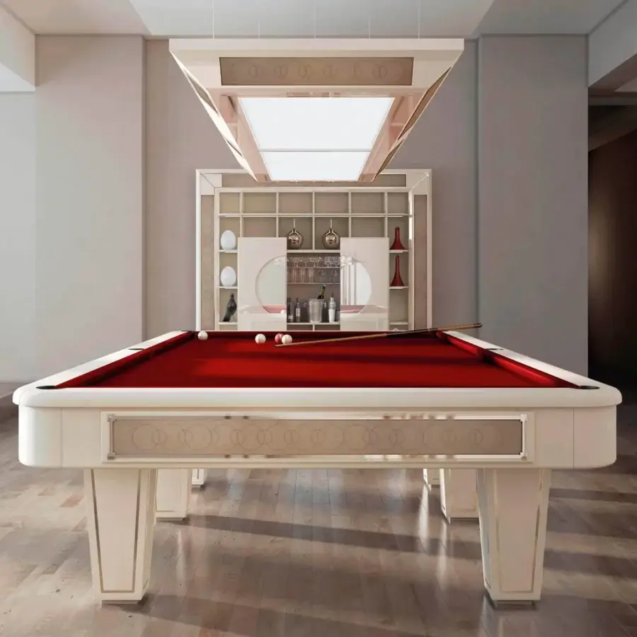 Exquisite Vismara Desire pool table crafted with solid wood and red Simonis cloth in off-white satin lacquer with gold detailing and leather pockets