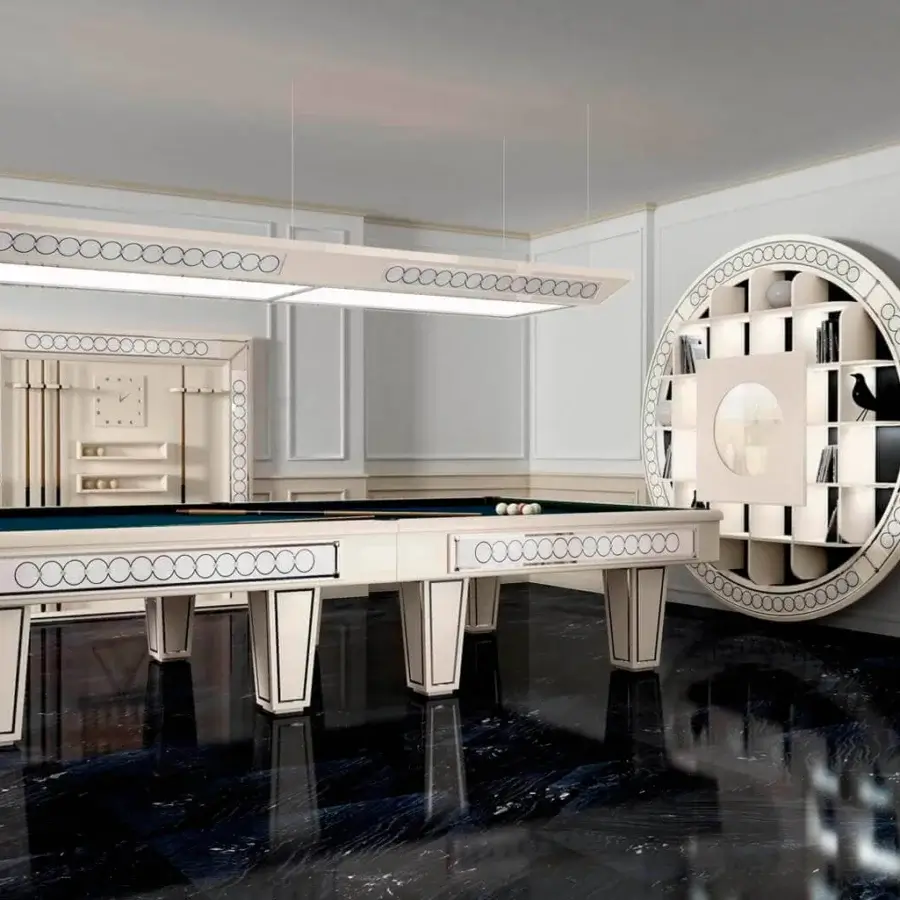 Distinguished Vismara Desire pool table crafted with solid wood and Simonis cloth in glossy off-white lacquer with patterned accents