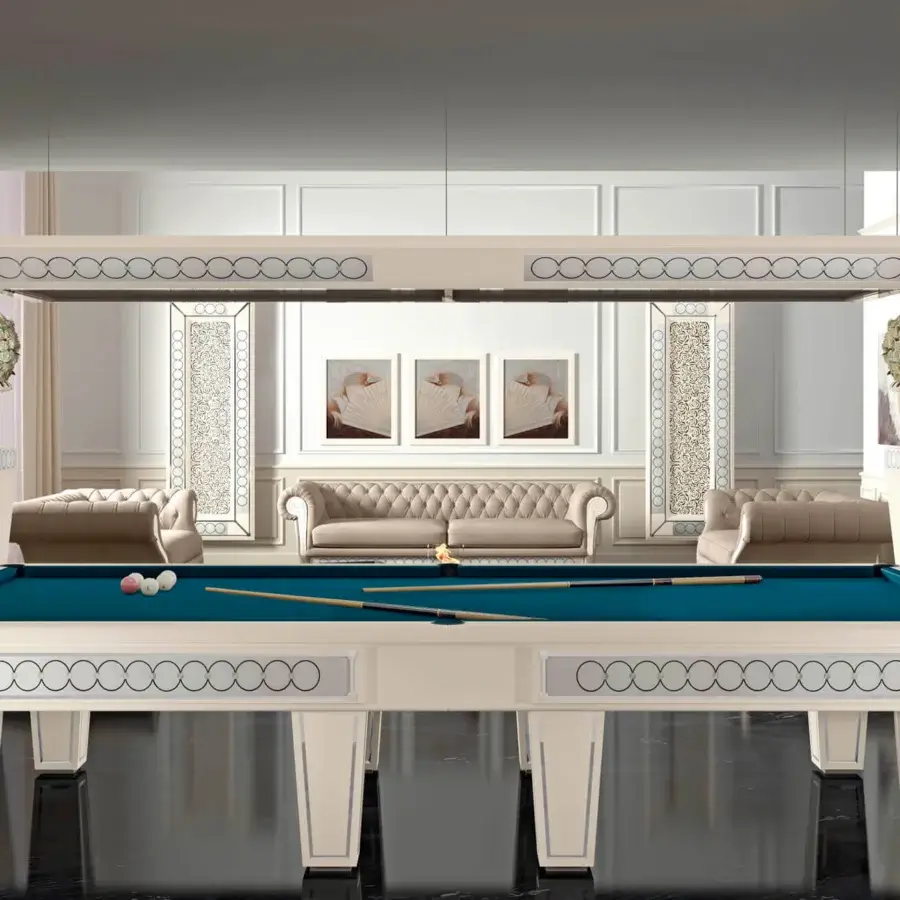 Superior Vismara Desire pool table crafted with solid wood and Simonis cloth in creamy off-white lacquer with teal felt accents