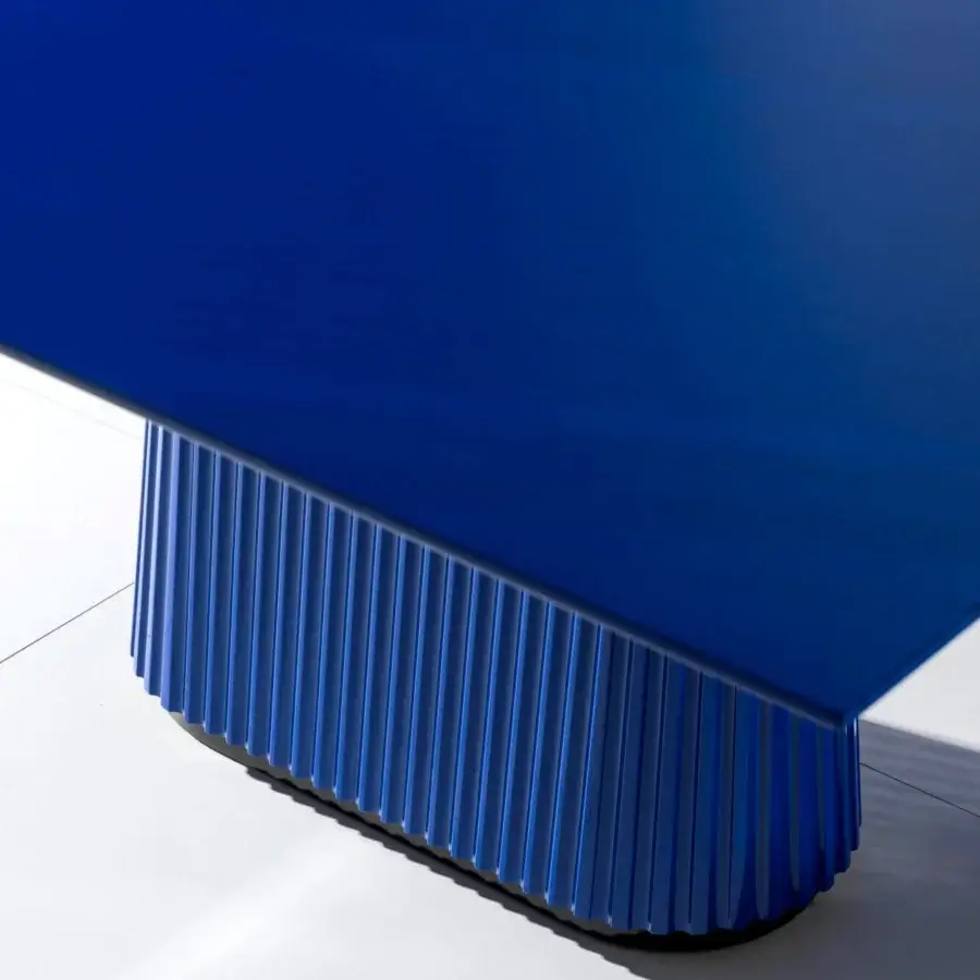 Superior Vismara Egeo table-tennis table with saturated blue ceramic stone effect top and concrete effect lacquered legs in stainless steel