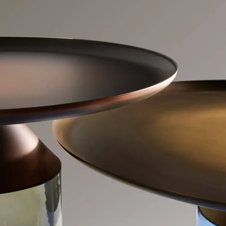 Captivating VENICEM Equilibre coffee table with smoke grey blown glass base and delabré brass tabletop in a smooth matte finish