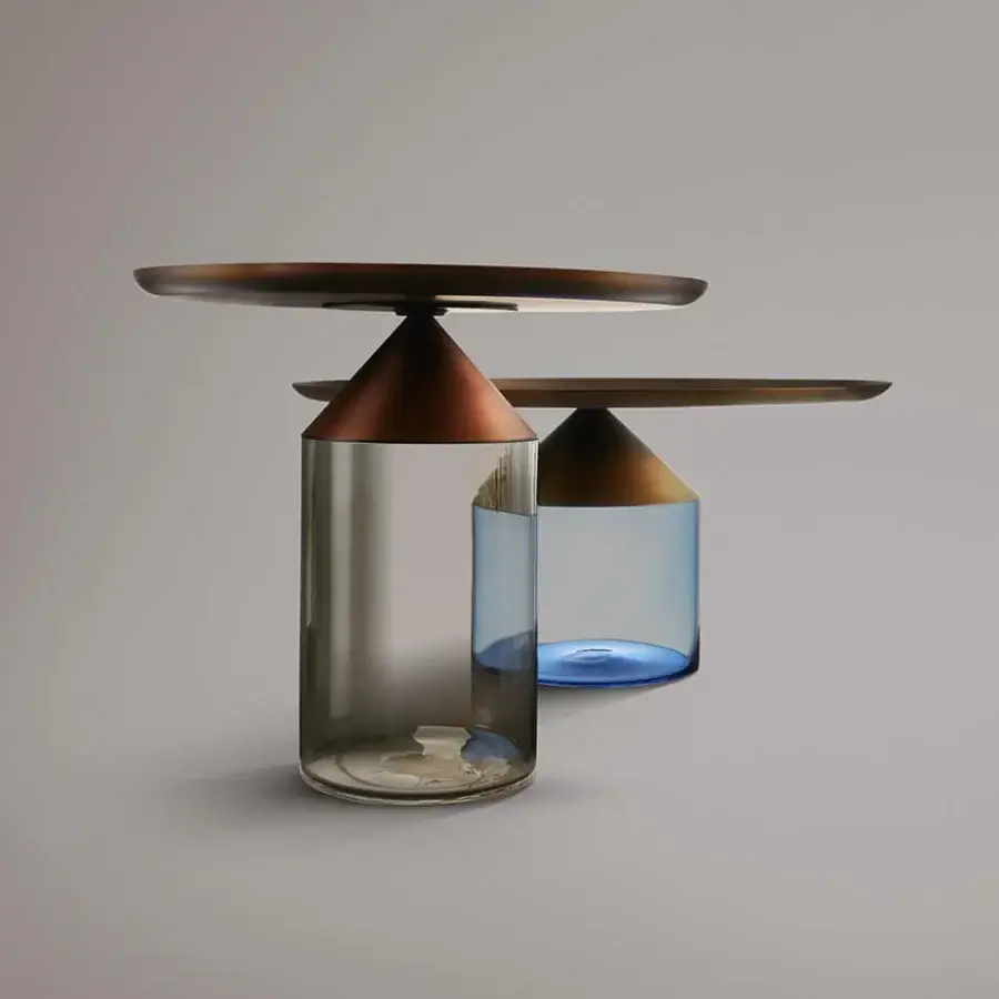 Venicem equilibre coffee tables, smoky gray glass and brass, cylindrical base with nested blue glass and circular platform.