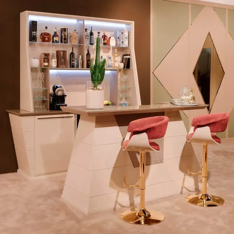 Exceptional Vismara Hemingway bar with illuminated tempered glass shelves and matte lacquered beige and taupe tones