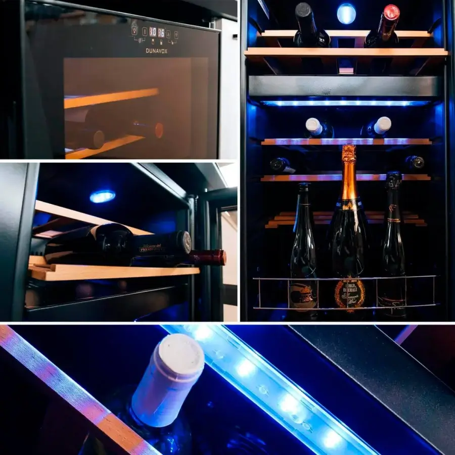 Distinguished Vismara Hemingway bar with lacquered finish, tempered glass shelves illuminated by cool blue LED lighting and polished chrome handles
