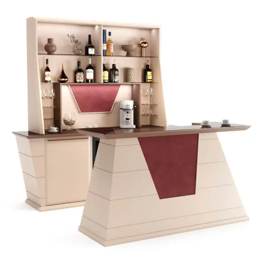 Exceptional Vismara Hemingway bar crafted in completely matt lacquered wood with burgundy accents and illuminated tempered glass