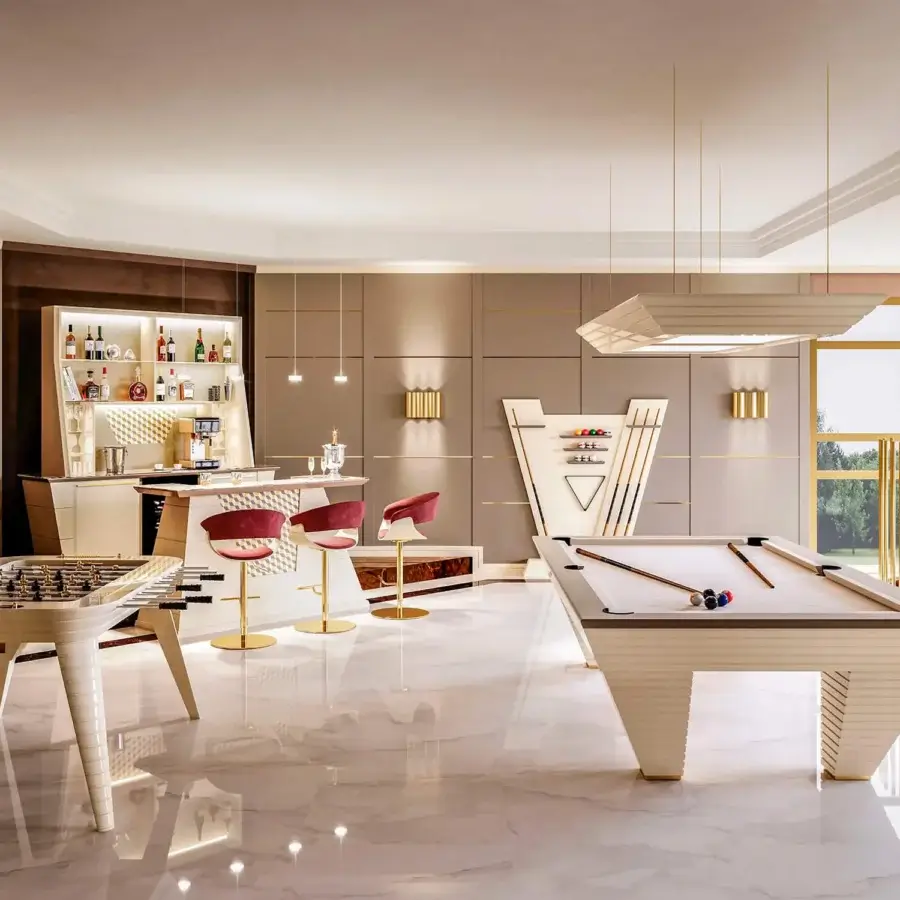 Distinguished Vismara Hemingway bar counter with lacquered glass top and recessed shelving built in light beige and darker brown tones