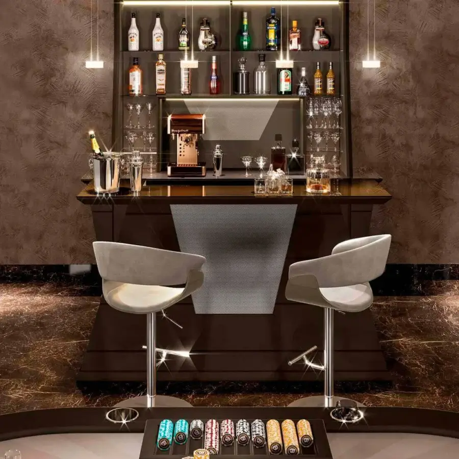 Superior Vismara Hemingway Bar Wall Unit crafted in dark brown matt lacquered wood with tempered glass shelves and polished chrome handles