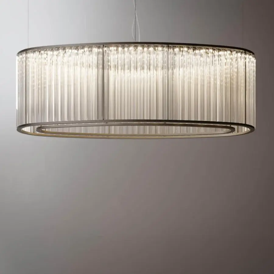 Refined VENICEM Crown Suspension Lamp with elliptical form crafted in matt black nickel and Murano blown glass trihedrons