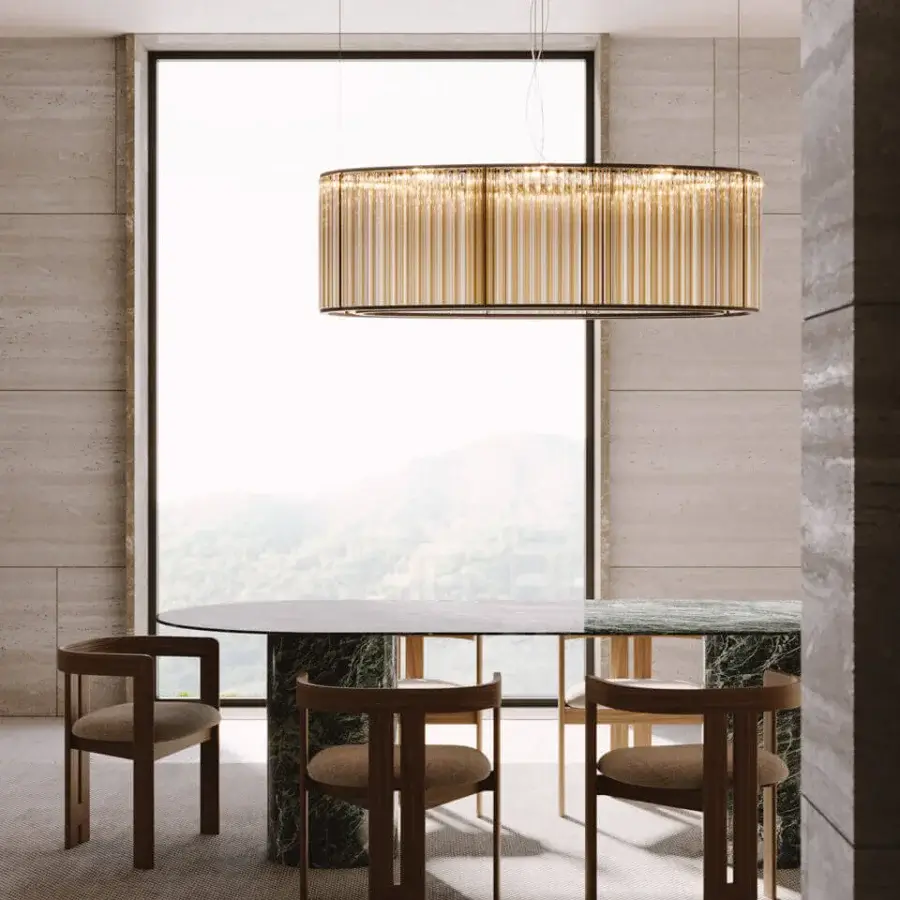 Distinguished VENICEM Crown Suspension Lamp with elliptical form built in burnished brass and warm golden Murano blown glass trihedrons
