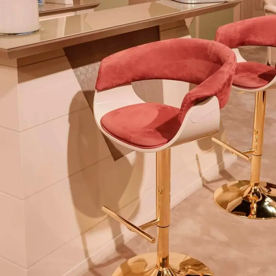 Lavish Vismara Joyce stool upholstered in rose velvet with a soft touch finish and gold-plated steel base