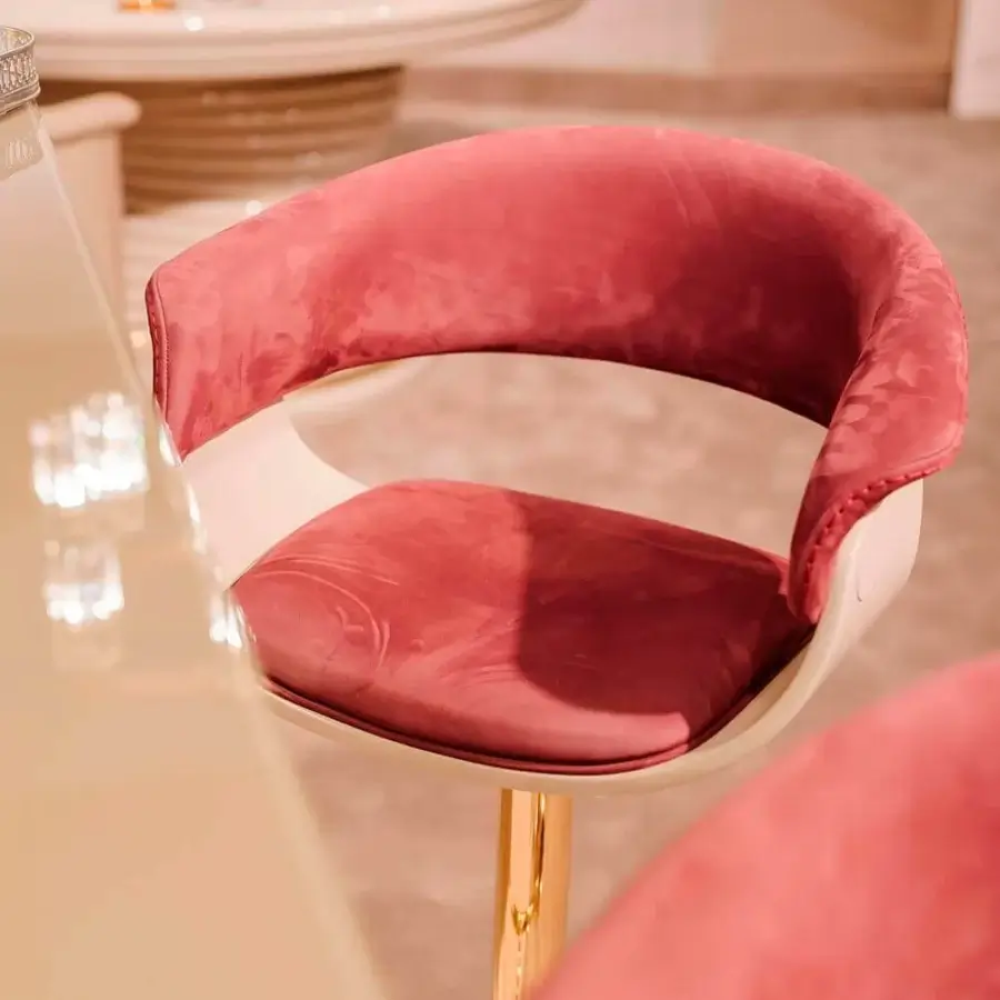 Lavish Vismara Joyce stool upholstered in Velvet with a glossy lacquered wood and gold-plated steel base