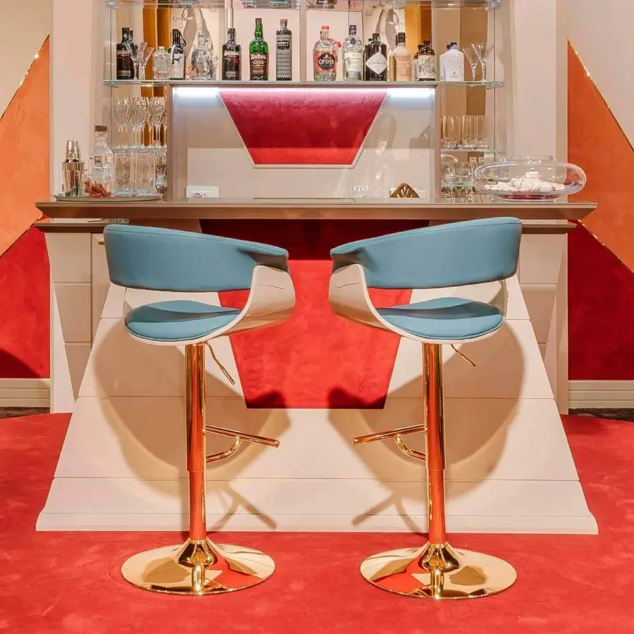Lavish Vismara Joyce stool with teal Velvet upholstery and glossy lacquered wooden details built with a gold-plated steel base