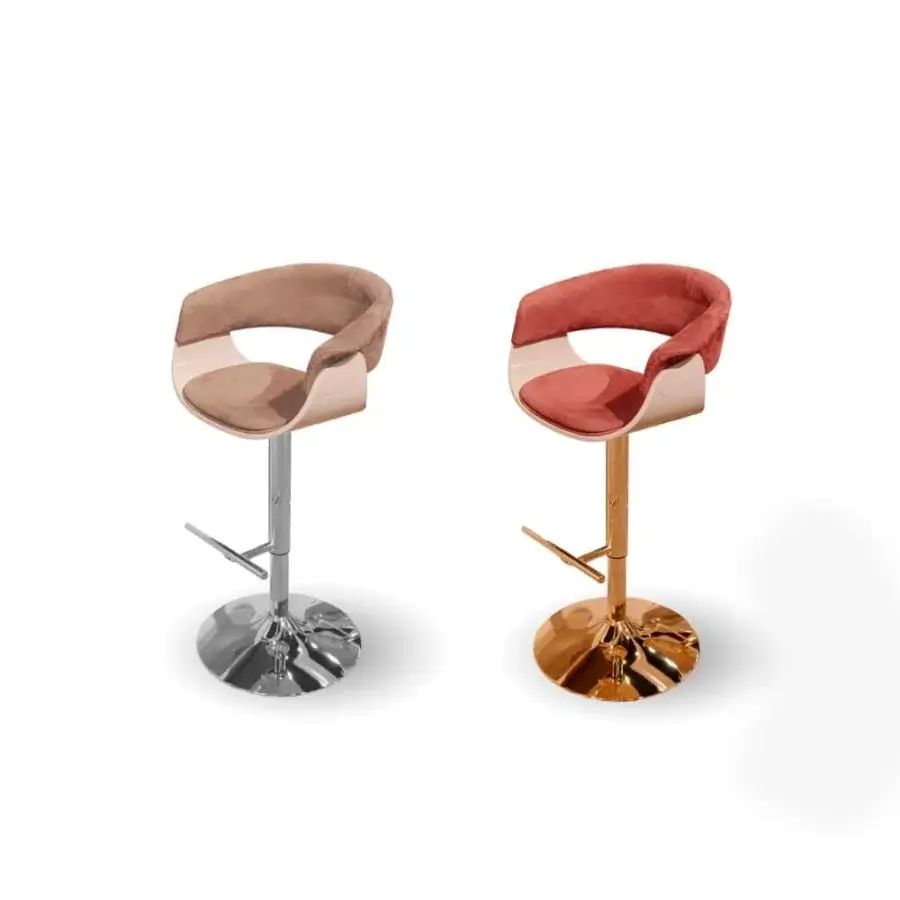 Lavish Vismara Joyce stool with dusty rose Velvet upholstery and gold-plated steel base crafted with Soft Touch lacquered details