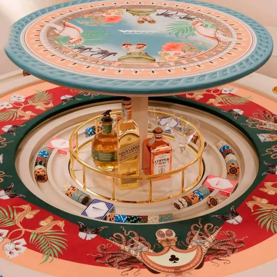 Lavish Vismara Mirabilia poker table for six players with printed microfiber top and gold-toned metal base crafted with a soft-touch lacquered edge