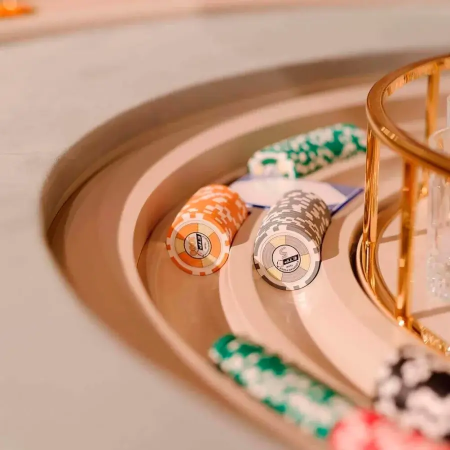 Innovative Vismara Mirabilia poker table for six players with printed microfiber top and helicoidal lacquered ring base
