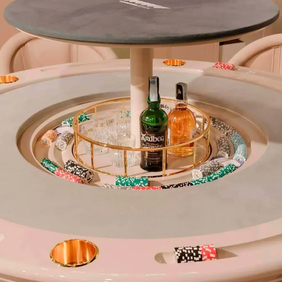 Distinguished Vismara Mirabilia poker table for six players with printed microfiber top and lacquered ring base