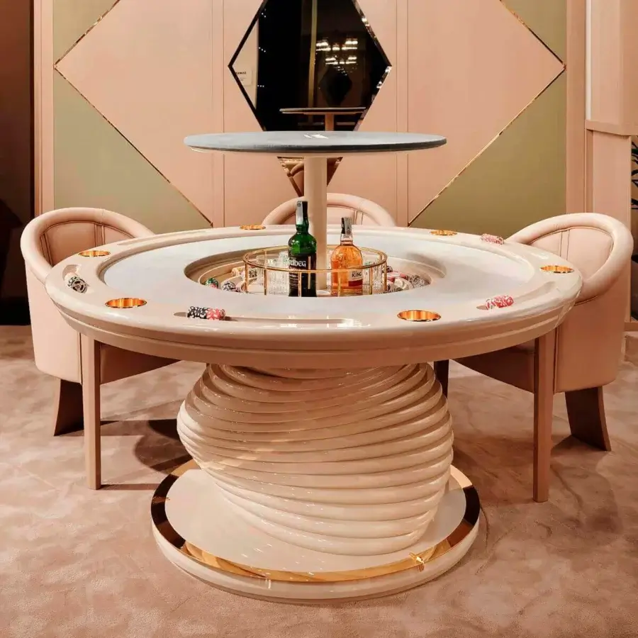 Distinctive Vismara Mirabilia poker table for six players with blush pink and gold-toned Circus-style microfiber top and lacquered base