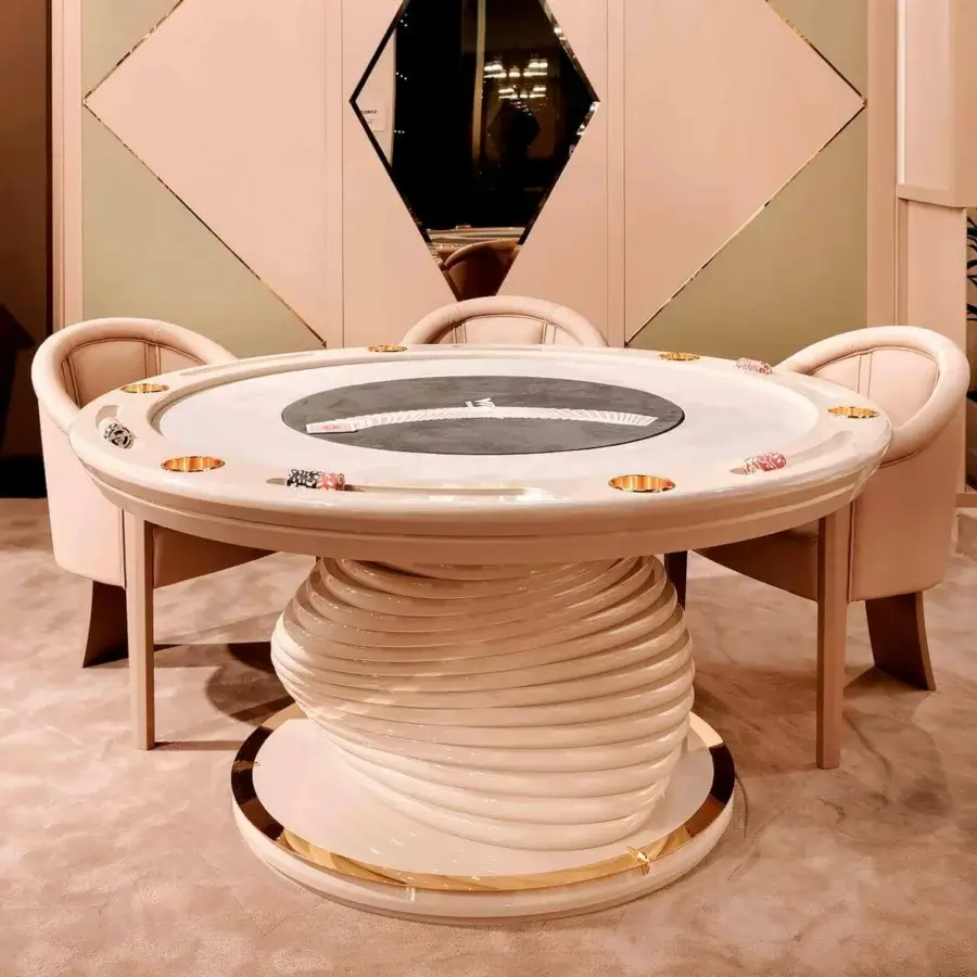 Distinctive Vismara Mirabilia poker table for six players with printed microfiber top and soft touch lacquered edge crafted in pale beige tones