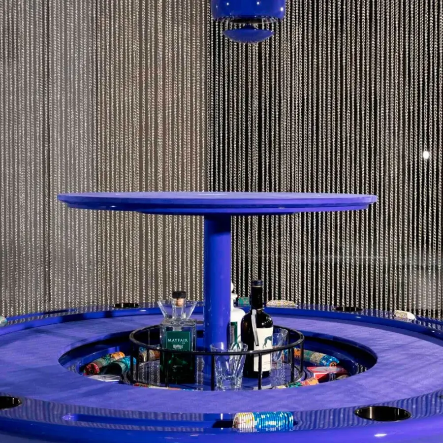 Exceptional Vismara Mirabilia poker table for six players with blue printed microfiber top and lacquered base