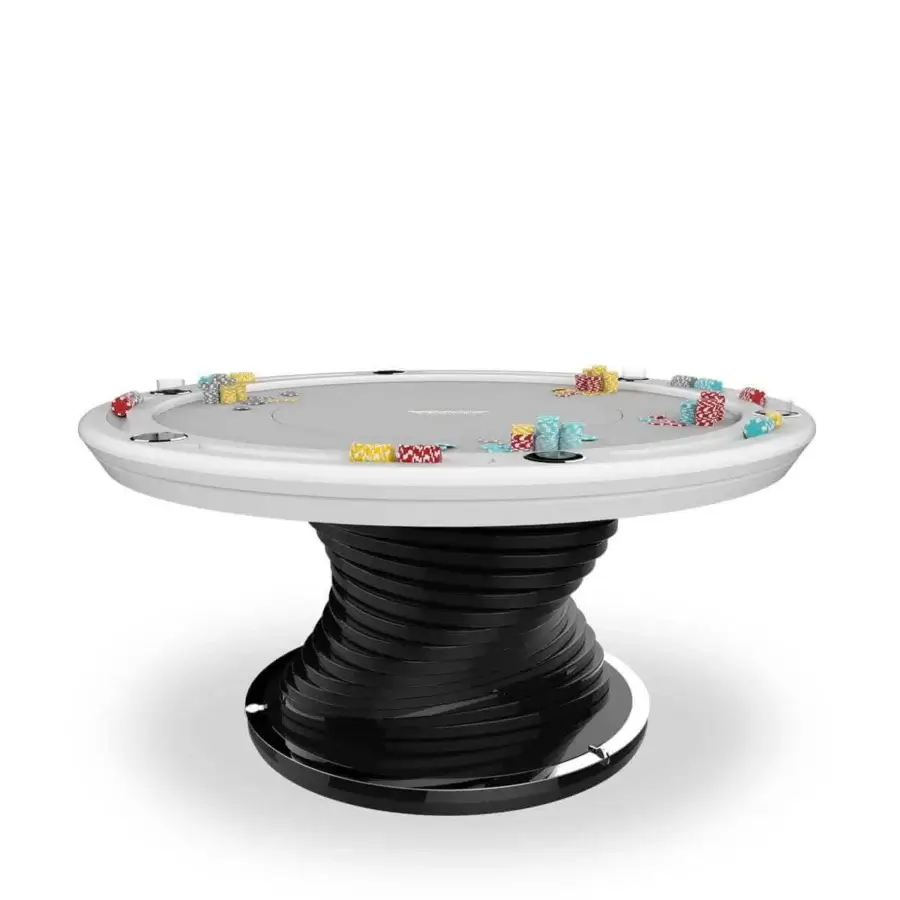 Distinguished Vismara Mirabilia poker table crafted with white microfiber, Circus print, lacquered edge, steel details and a hidden lift bar unit