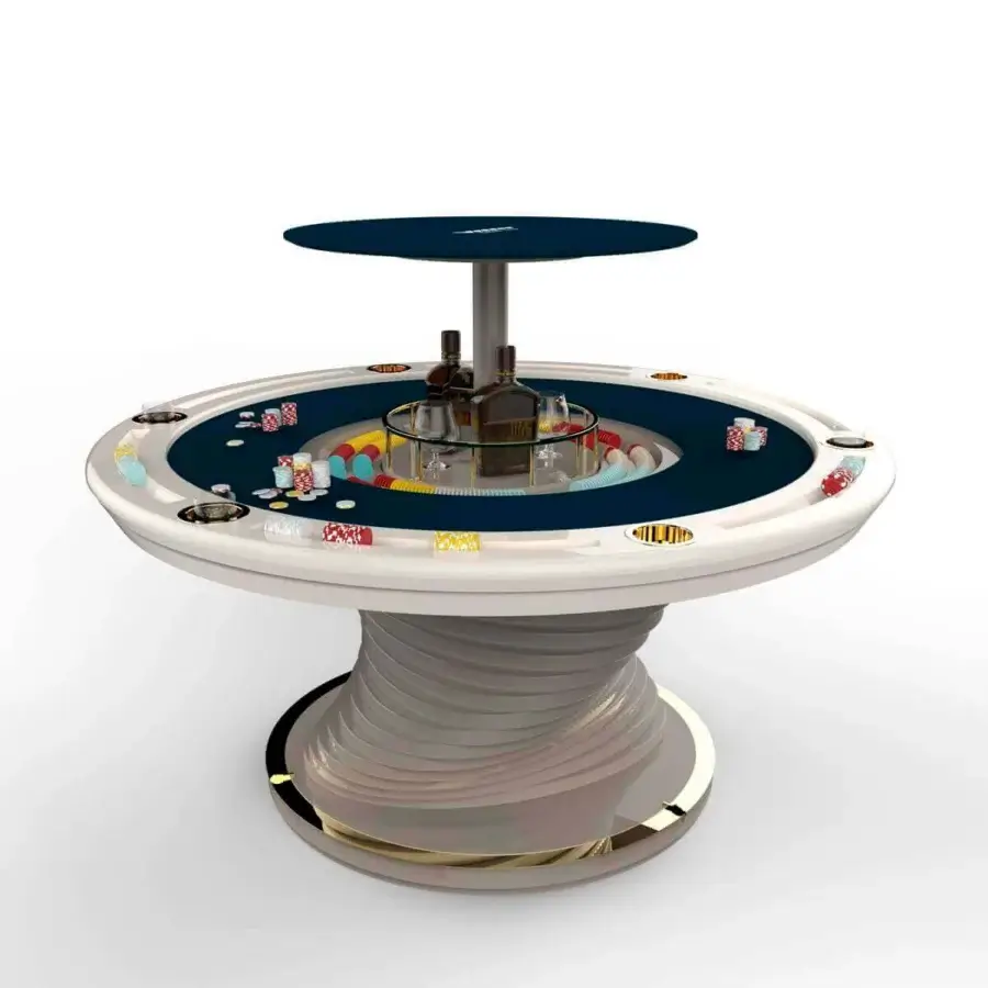 Innovative Vismara Mirabilia poker table crafted in Italy with Circus printed microfiber, lacquered edge and helicoidal base