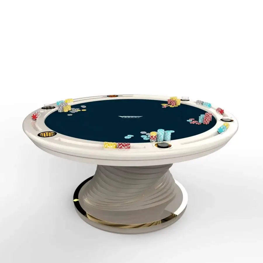 Distinguished Vismara Mirabilia poker table built with dark teal microfiber, Circus print, lacquered white edge and gold detailing