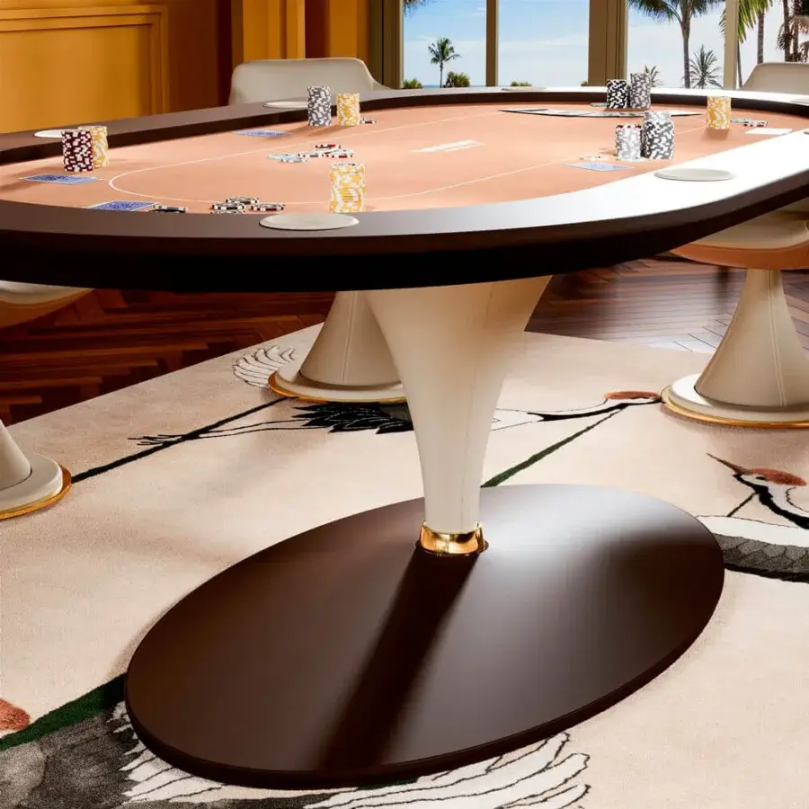 Exclusive Vismara Asso poker table with oval padded top in reddish-brown microfiber and peach playing surface, finished with soft touch lacquer