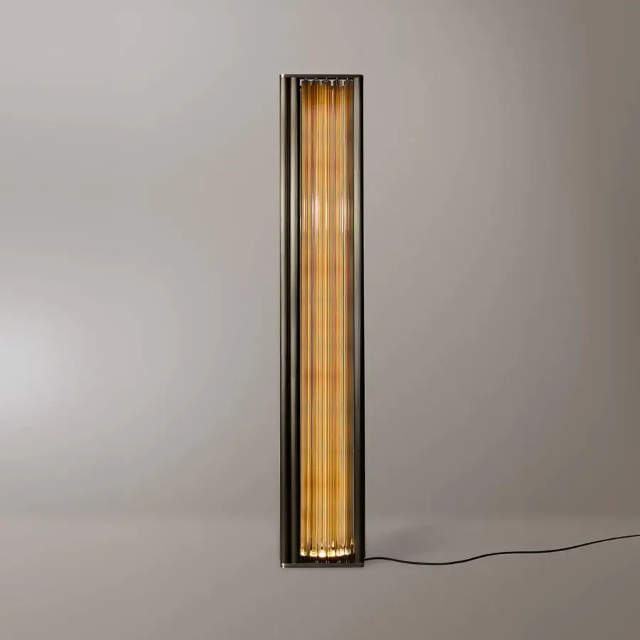 Distinguished VENICEM Numa floor lamp with warm amber Murano blown glass trihedrons and dark burnished brass structure