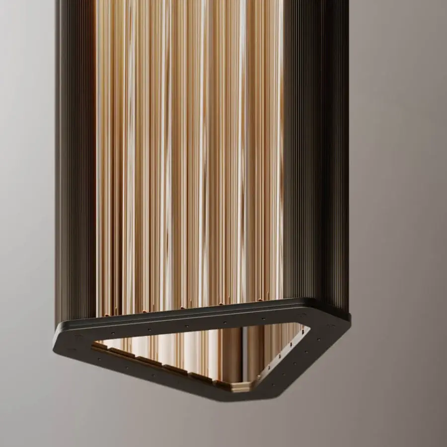 Superior VENICEM Numa suspension lamp crafted in dark burnished brass with refined Murano blown glass trihedrons in smoke grey finish